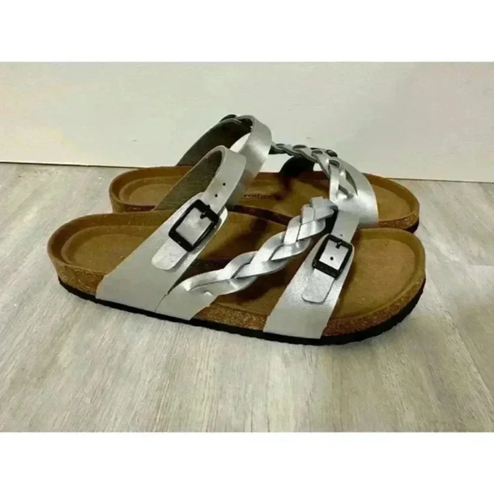 Aerothotic‎ Womens Viking Footbed Sandals Silver Open Toe Braided Strappy